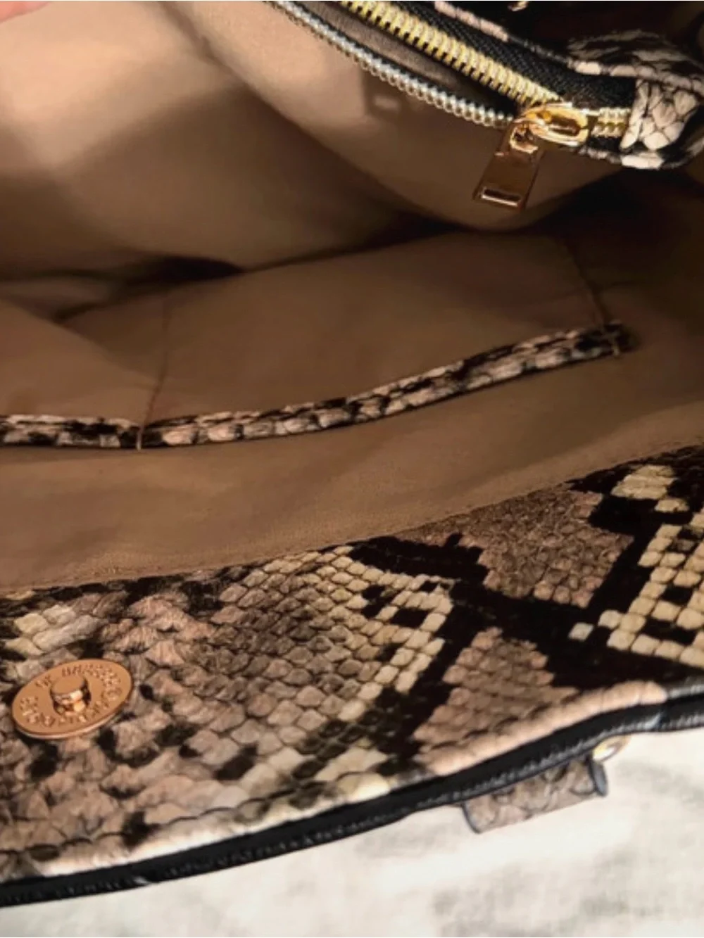 Chico’s Structured Camel and Black Tote Handbag with Snake-Print Trim NWOT